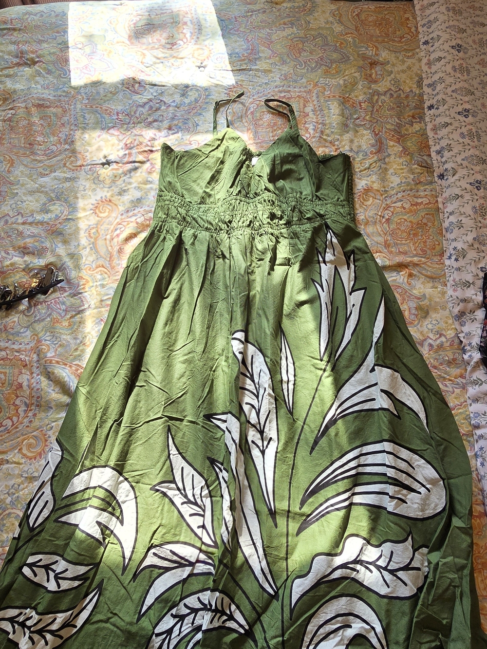 Japna Olive Green Floral Maxi Dress with White Leaf Print